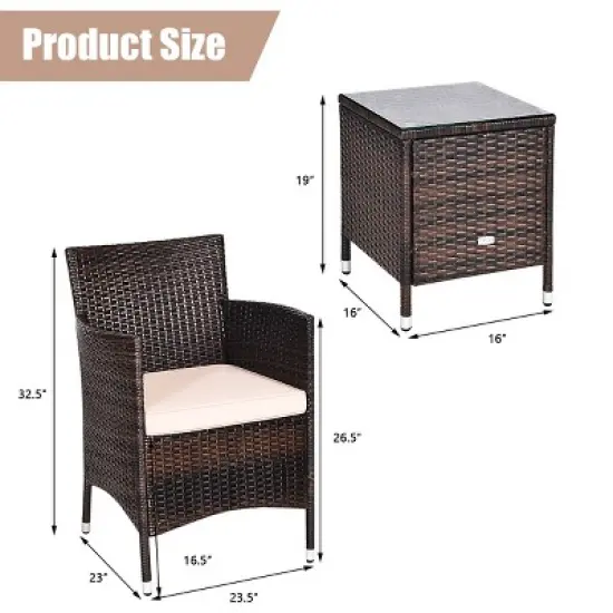 Costway Outdoor 3 PCS PE Rattan Wicker Furniture Sets Chairs  Coffee Table Garden image {2}