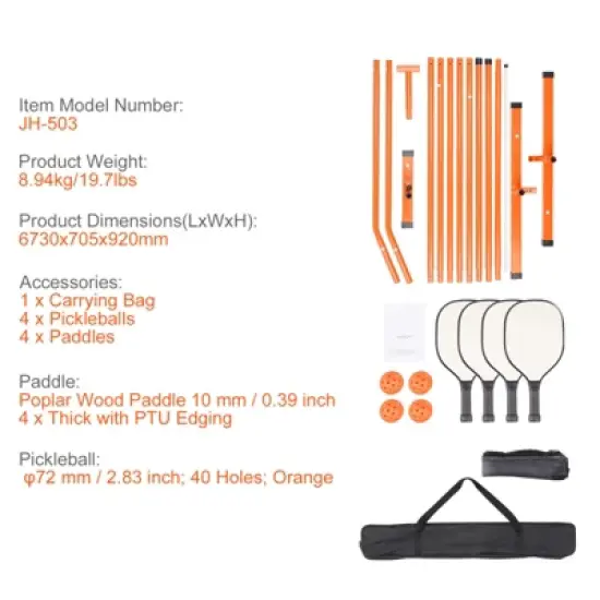VEVOR Pickleball Net Set, 22FT Regulation Size Portable Pickleball System with Carrying Bag & Balls & Paddles, Metal Frame & Strong PE Net image {7}