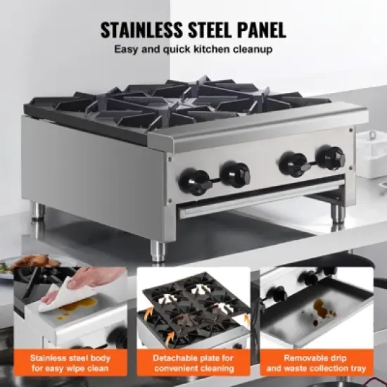VEVOR Commercial Gas Stove with 4 Burners, Propane and Natural Gas Countertop Cooking Stove Range, Stainless Steel Gas Hot Plate image {5}
