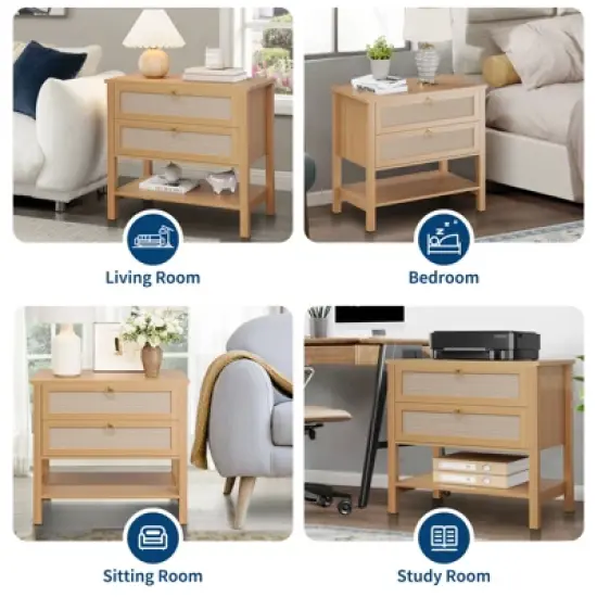 Rattan Night Stand Set of 2, Boho Nightstand with 2 Drawers and Storage Shelf, Modern Farmhouse Nightstand, Side Tables for Living Room, Bedroom image {7}