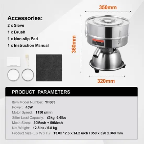 VEVOR Automatic Electric Vibrating Sieve, Stainless Steel Sifter Shaker Machine with 30+50 Mesh, 45W Automatic Powder Sifter Machine Countertop image {7}