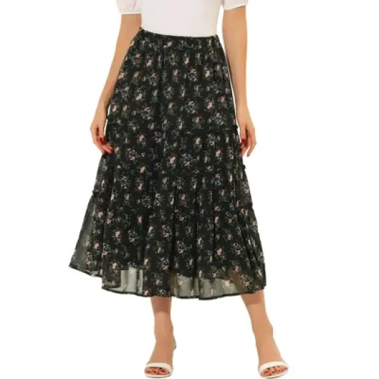 Allegra K Women's Floral Elastic Waist Tiered Ruffle Boho Midi Skirts image {12}