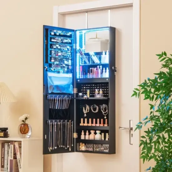 Tangkula Wall Mounted Jewelry Cabinet Full-Length Mirror Lockable w/ 3-Color Lights image {1}