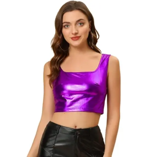 Allegra K Women's U Neck Sleeveless Party Clubwear Shiny Metallic Crop Tank Tops image {7}