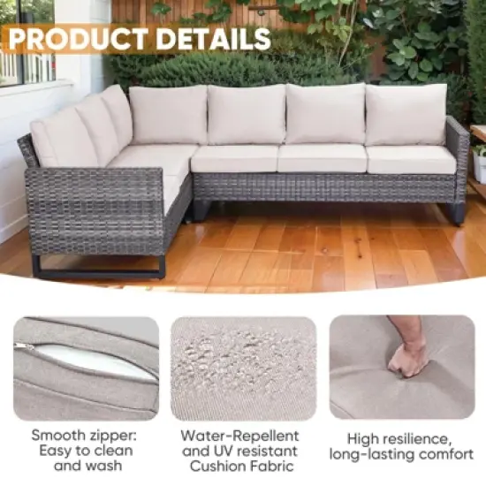 Buenhomino 6 Pieces Outdoor Patio Furniture Set with Propane Gas Fire Pit Table, Outdoor Sectional Sofa PE Rattan Wicker Patio Conversation Sets image {4}