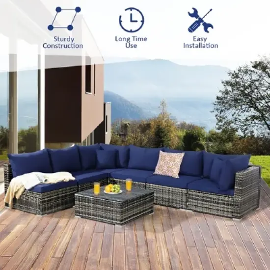 Costway 7PCS Patio Rattan Furniture Set Sectional Sofa Garden Navy Cushion image {2}