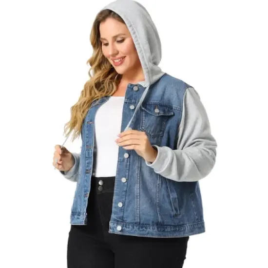 Agnes Orinda Women's Plus Size Denim Hood Drawstring Fall Winter Button Jean Jackets image {6}