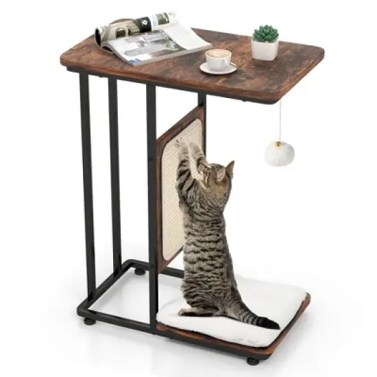 Tangkula Cat Tree & C- Shaped Cat Side Table w/ Scratching Board Hanging Toy Rustic Brown image {10}