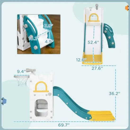 INFURNIC Baby Activity Gyms, Kids Slide Playset with Basketball Hoop, Independent Slide for Indoor or Outdoor, Multicoloured, 69.7"*27.6"*36.2" image {3}