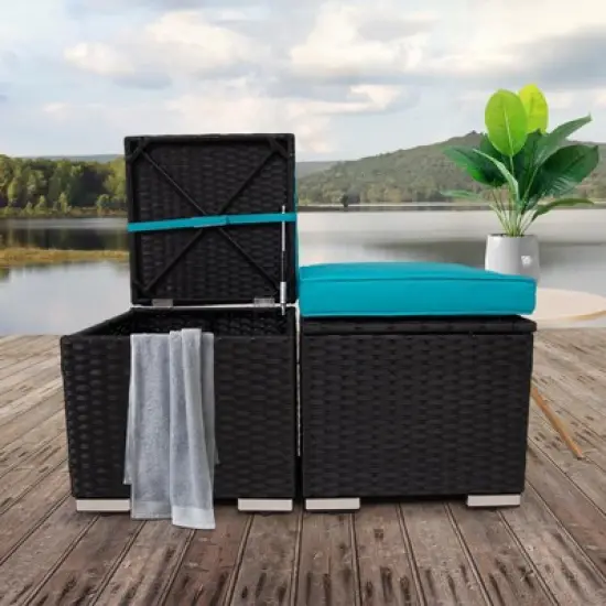 FIONECA All-Weather Outdoor Ottoman with Storage &uml;C PE Wicker Patio Footstool, Blue image {2}
