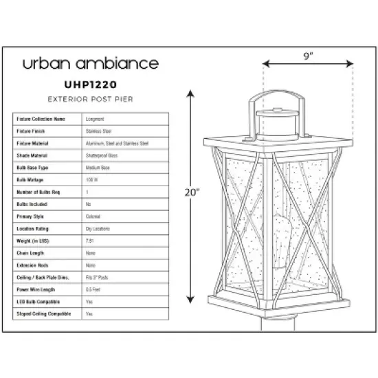 Urban Ambiance Luxury Colonial Outdoor Post/Pier Light,  20"H x 9"W,  Stainless Steel Finish, UHP1220 image {6}