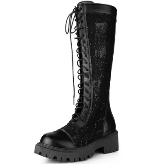 Perphy Women's Mesh Floral Lace Up Chunky Low Heel Knee High Combat Boots image {4}