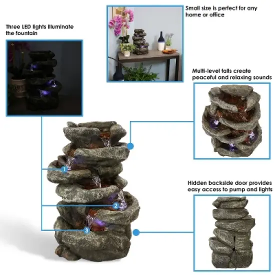 Sunnydaze Indoor Home Office Relaxing 6-Tiered Stone Falls Tabletop Water Fountain with LED Lights - 15" image {9}