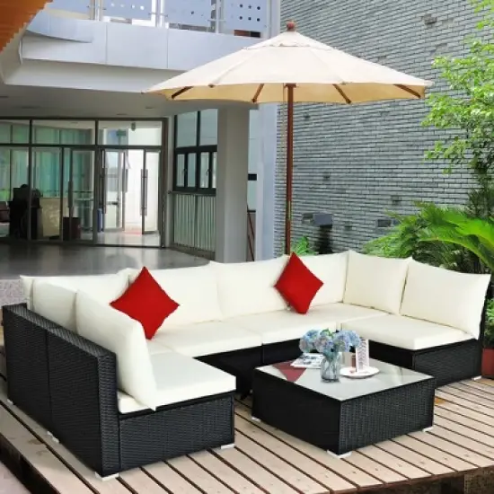 Costway 7PCS Patio Rattan Furniture Set Sectional Sofas Off White & Grey Cushion Covers image {1}