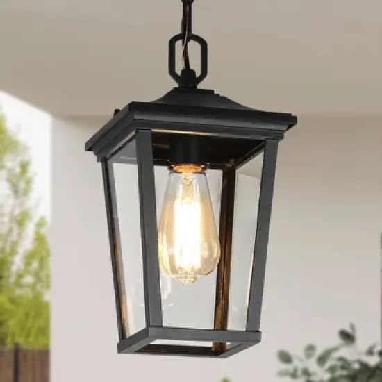 LNC 12.5" Square Cage Modern Outdoor Pendant Lamp Matte Black image {11}