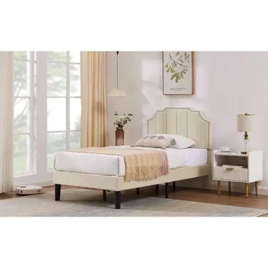 VECELO Upholstered Platform Bed Frame with Tufted Adjustable Headboard, Mattress Foundation, Wood Slat Support, Bed Frame image {7}