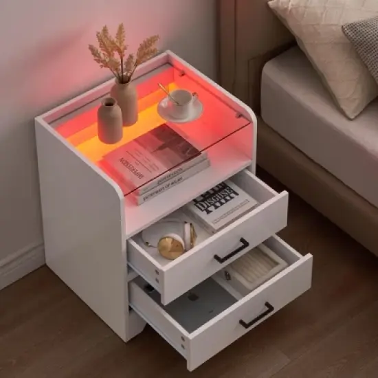 LED Night Stand with 2 Drawers, Smart End Side Table with LED Lights and Glass Top, Modern Bedside Table with Open Storage image {3}