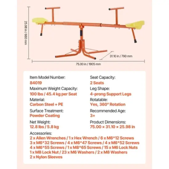 VEVOR Kids Seesaw, 100 lbs Load Capacity per Seat, Sit and Spin Teeter Totter, Swiveling 360 Degrees Rotating for Aged 3+, Orange&Yellow image {7}