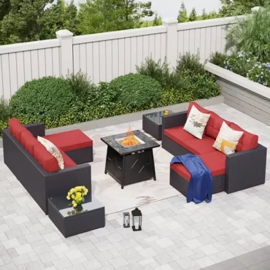 7pc Steel & Wicker Outdoor Set with Cushions & Fire Pit Table - Captiva Designs
 image {20}