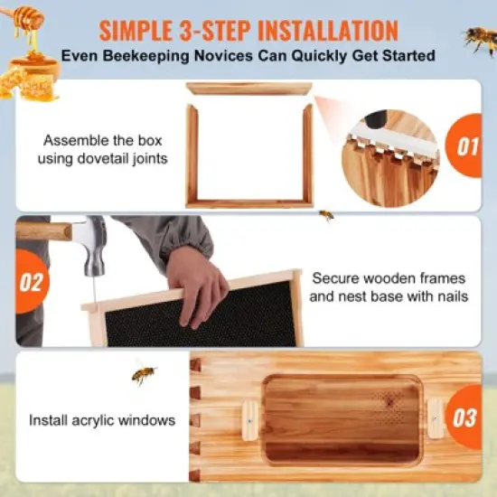 VEVOR Bee Hive Deep Box Starter Kit, 100% Beeswax Coated Natural Cedar Wood, Langstroth Beehive Kit with 10 Frames and Foundations image {5}