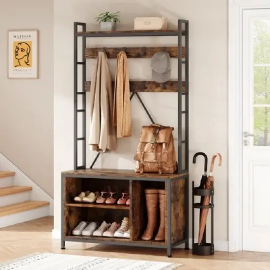 Garvee Hall Tree with Bench Coat Rack Freestanding 5 in 1 Industrial Shoe Bench with 3 Storage Cubbies and 8 Hooks Entryway Coat Rack, Brown image {3}