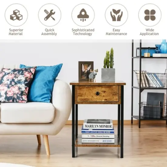 Costway Industrial End Side Table Nightstand with Drawer Shelf Rustic Brown image {5}