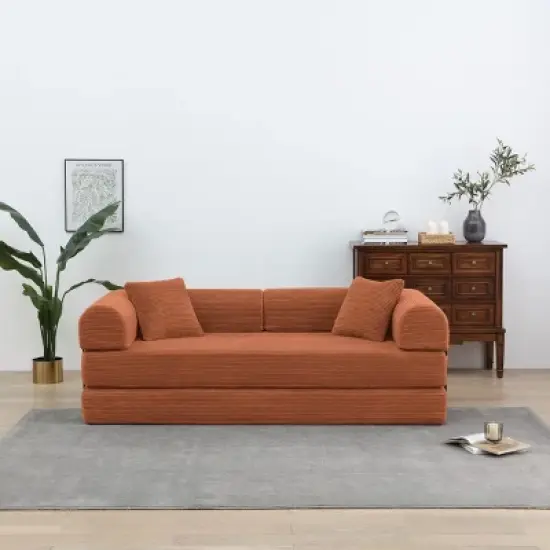 Convertible Sofa Couch with Cylindrical Pillows, Corduroy Folding Floor Sofa with Fixed-Shape Frame for Living Room-Maison Boucle image {13}