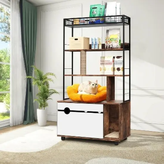 Hidden Litter Box Enclosure with Storage Rack & Cat Scratching Post Wood & Metal 2-in-1 Pets Furniture with Shelf Corridor Cushioned Mat image {7}