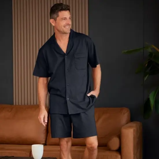 Men's Soft Cotton Knit Jersey Pajamas Lounge Set, Short Sleeve Shirt and Shorts with Pockets image {3}