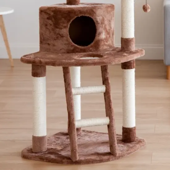 IRIS USA 3-Tier Plush Cat Tree with Hiding Place and Sisal Covered Rungs and Posts, Brown image {5}