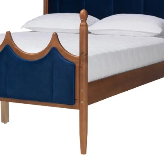 Baxton Studio Queen Calgary Velvet Fabric and Wood Platform Bed Royal Blue/Walnut Brown image {5}