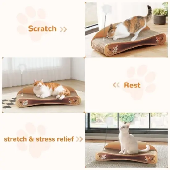 Sandinrayli Cat Scratcher Lounge Bed, Reversible 2-in-1 Cardboard Scratching Board, Durable Curved Cat Scratch Pad, natural wood image {2}