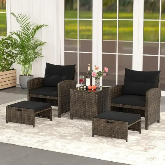 Tangkula 5 CS Rattan Furniture w/ & Tempered Glass & 2 Ottomans Coffee Table Patio image {2}