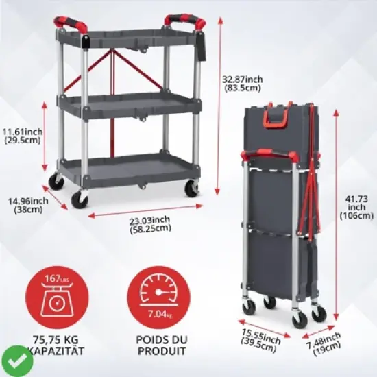 3-Layer Folding Cart Portable Service Trolley Collapsible Utility Carts 56 Lbs Load Capacity image {1}