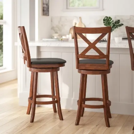 Merrick Lane 30" Classic Wooden Crossback Swivel Bar Height Pub Stool with Upholstered Padded Seat and Integrated Footrest image {3}
