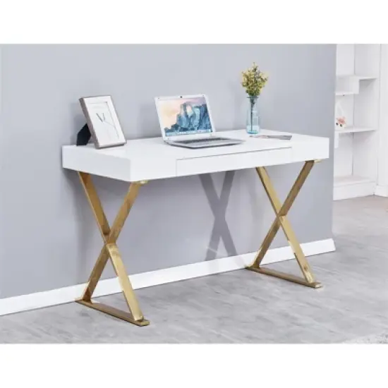 Modern Stainless Steel Frame Computer Desk - Gold High Gloss - Best Master Furniture image {1}
