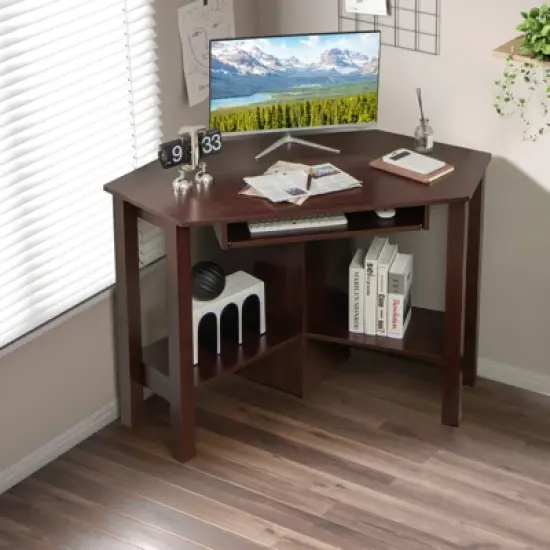 Costway Wooden Corner Desk With Drawer Computer PC Table Study Office Room Brown image {2}