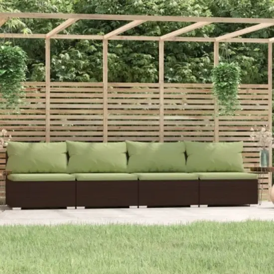 vidaXL Brown Patio Furniture Poly Rattan - Green Cushions -4 Seats image {1}