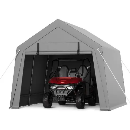 Heavy-Duty Outdoor Storage Shed, Waterproof & UV-Protected Motorcycle Shelter with Roll-Up Door, Ventilation, Grey Carport Tent for Bike, Tools image {7}