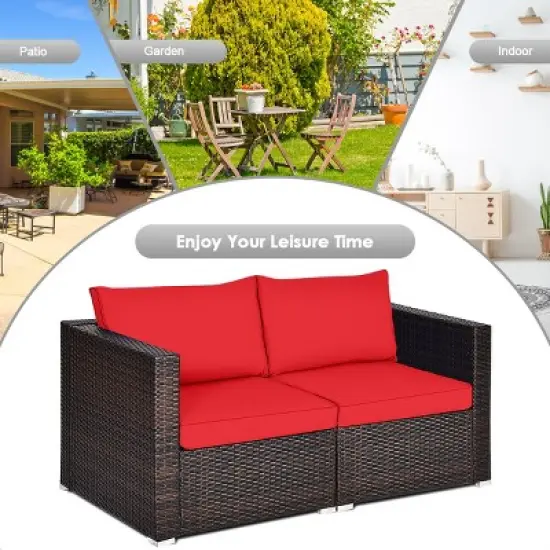 Tangkula 4PCS Rattan Corner Sofa Set Patio Outdoor Furniture Set w/ Red Cushions image {7}