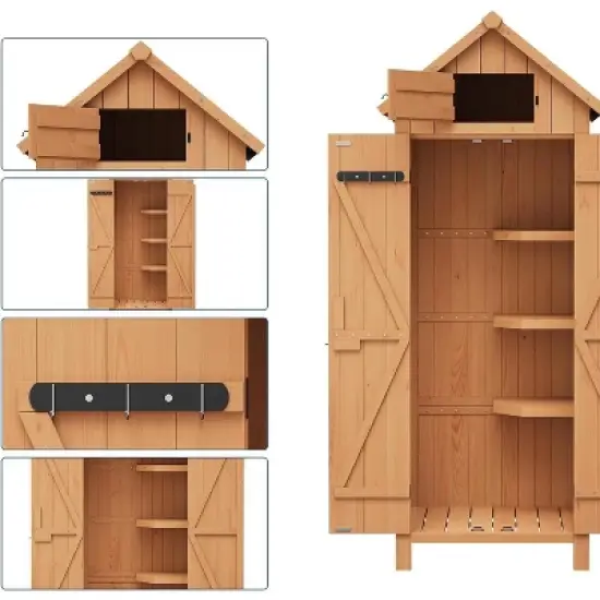 Acekool 63" Outdoor Wooden Storage Shed, Waterproof Vertical Garden Cabinet, 3 Shelves, Lockable Doors, Space-Saving Tool Organizer for Patio Yard image {7}