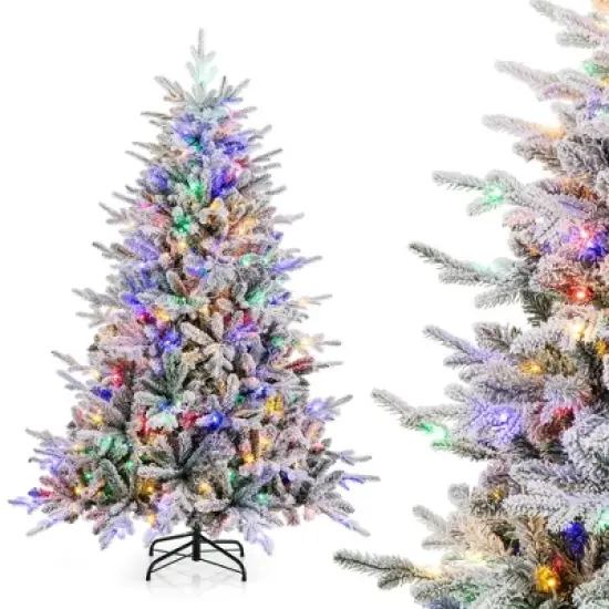 Costway 4.5/6/7 FT Flocked Christmas Tree with 8 Lighting Modes 160/260/350 Multi-Color LED Lights image {11}