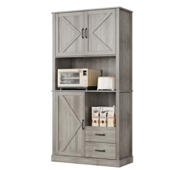 Kitchen Pantry Cabinet with Microwave Stand & Drawers - Tall Hutch Bar Cabinet, Adjustable Shelves, Large Wood Storage for Dining Room, Living Room image {7}