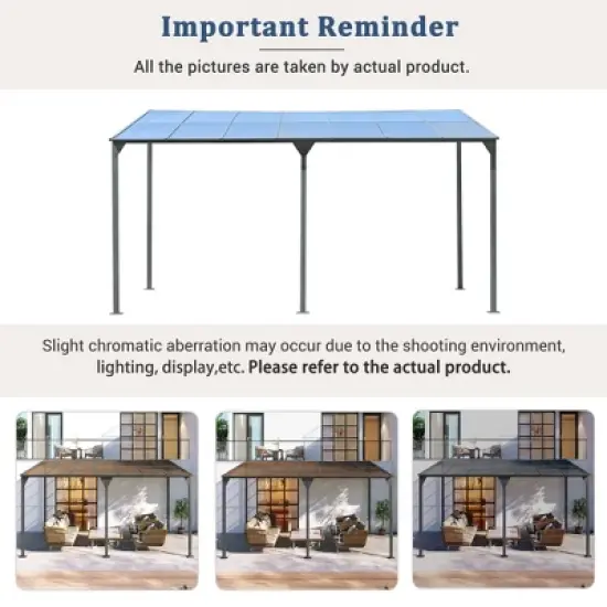 ModernLuxe 14.76 x 9.22 FT Wall-Mounted Gazebo, Outdoor Pergola with PC Roof Panels, Iron Frame, Sloped Design Shelter for Deck/Garden/Backyard, Gray image {8}