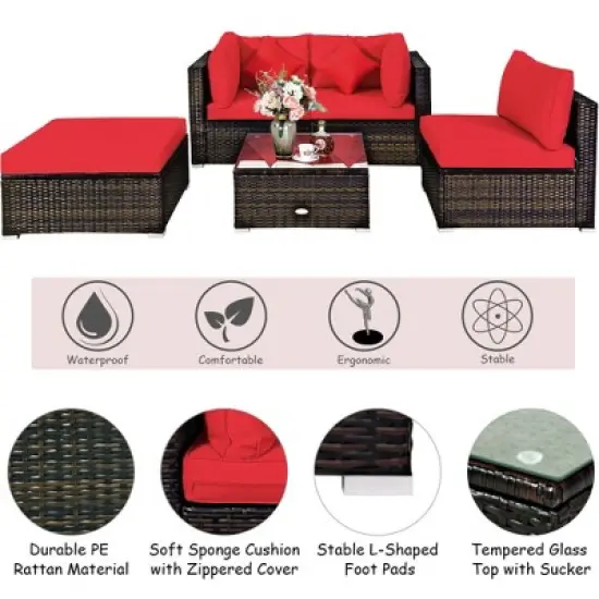 Tangkula 5PCS Rattan Sectional Sofa Set Patio Furniture Set w/ Red Cushion Pillow image {4}