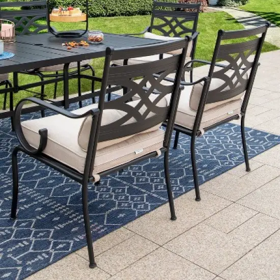 7pc Outdoor Dining Set with Chairs with Cushions & Large Metal Table with Umbrella Hole - Captiva Designs image {3}