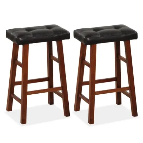 Costway Set of 2 Upholstered Barstools 24''/29'' Backless Rubberwood Dining Chairs Black&Brown image {10}