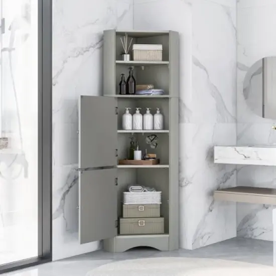 Tall Bathroom Freestanding Corner Cabinet With Door And Adjustable Shelves - ModernLuxe image {1}
