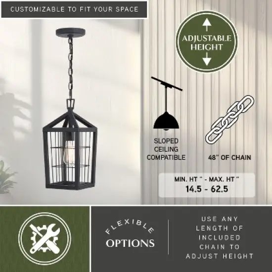 VAXCEL Gage 7-in Black Outdoor Farmhouse Wire Cage Pendant, 1-Light Hanging Ceiling Light with Clear Glass Panels image {3}