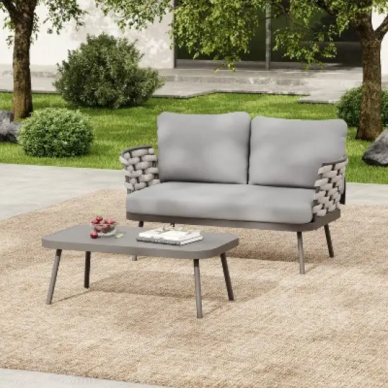 Christopher Knight Home Barbara Modern Outdoor Metal Coffee Table and Upholstered Lovesear Set image {10}